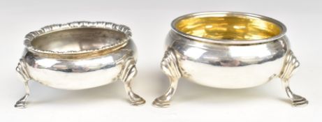 Two Georgian hallmarked silver hoof footed open salts, one London 1804, maker Charles Fox I the