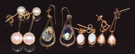 Four pairs of 9ct gold earrings set with pearls, opals, cameo and crystal, 6.3g