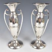 Pair of George V hallmarked silver twin handled vases, Birmingham 1914, maker Joseph Gloster Ltd,
