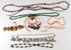 A pair of 9ct gold earrings (1.7g), two coral necklaces, beads etc