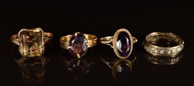 Three 9ct gold rings set with smoky quartz, amethyst and paste (8.4g) and a 9ct gold and silver