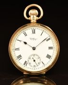 Waltham 9ct gold keyless winding open faced pocket watch with inset subsidiary seconds dial, blued