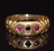 A c1910 18ct gold ring set with two rubies (one stone missing), 2.5g, size H/I