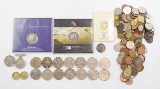 A collection of £5 crowns and other coins including some in presentation packs, together with sundry