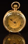 Unnamed 15ct gold keyless winding open faced pocket watch with blued hands, black Roman numerals,