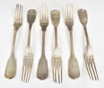 Six German fiddle pattern silver table fork, various marks including 13 and 800 grades, length 19.