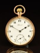 Record 9ct gold keyless winding open faced pocket watch with inset subsidiary seconds dial, blued