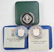 Royal Mint three silver proof Channel Islands crowns to include 1978 Guernsey and 1981 Jersey, cased