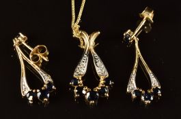 A 9ct gold pendant set with sapphires and diamonds, with matching earrings, 3.5g