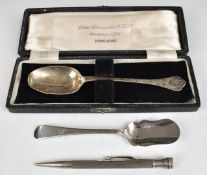 Cased hallmarked silver dog nose spoon, hallmarked silver sugar scoop and a hallmarked silver