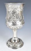 Victorian hallmarked silver chalice or goblet with embossed decoration, Sheffield 1841, maker's mark