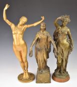 Bronze figurine with inscription to base dated 1928 and two spelter figurines, one Art Deco, tallest