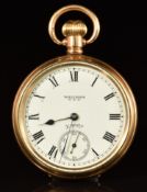 Waltham Equity gold plated keyless winding open faced pocket watch with inset subsidiary seconds