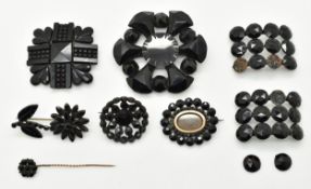 Five French jet brooches, two sections of French jet bracelet etc