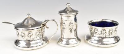 Art Nouveau hallmarked silver three piece cruet set, Birmingham 1909, maker John Rose, height of