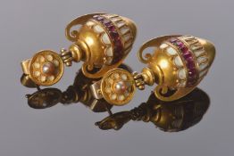 Carlo Giuliano Victorian Etruscan Revival gold earrings in the form of an urn set with rubies, white