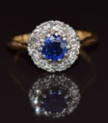 Art Deco 18ct gold ring set with a round cut sapphire surrounded by diamonds, 3.7g, size L