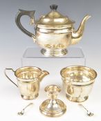 George VI hallmarked silver three piece teaset, Sheffield 1938, Viner's Ltd, length of teapot