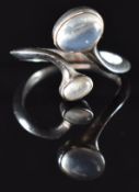 Vivianna Torun for Georg Jensen silver ring set with two moonstone cabochons, stamped 159, in