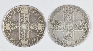 1707 Queen Anne half crown, Edinburgh 'E' below bust, together with a 1746 George II example, LIMA