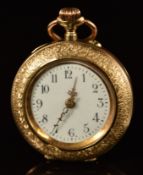 Unnamed 14ct gold keyless winding open faced pocket watch with pierced gold hands, black Arabic