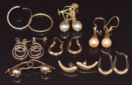 Eight pairs of 9ct gold earrings, two set with faux pearls, 12.5g