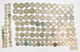 Approximately 1100g of pre-1947 UK silver coinage, 3d to half crowns, includes gradeable examples