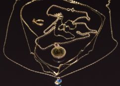 Five 9ct gold chains / necklaces (9.2g), a 9ct gold wishbone charm and a faux sovereign