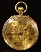 Unnamed 9ct gold keyless winding open faced pocket watch with blued hands, black Roman numerals,