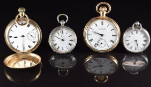 Four various pocket watches comprising two Waltham gold plated keyless winding examples, one full