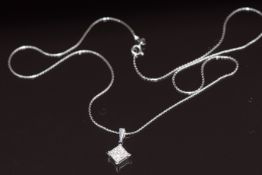 An 18ct white gold pendant set with nine princess cut diamonds, on 18k white gold chain, 4.5g