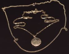 Two 9ct gold chains and a 9ct gold locket with engraved decoration, 12.6g