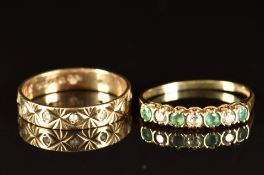 A 9ct gold ring set with emeralds and cubic zirconia and a 9ct gold eternity ring set with quartz,
