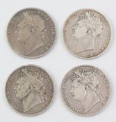 Four George IV laureate head half crowns 1820, 1821, 1823 and 1824, including first and second