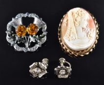 A 9ct gold brooch set with a cameo, paste earrings and Mizpah brooch