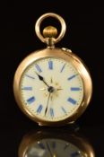 Unnamed 14ct gold keyless winding open faced pocket watch with blued hands, blue Roman numerals,