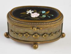 19thC Pietra Dura and ormolu oval silk lined casket, raised on four ball feet, W8 x D4 x H4cm