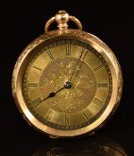 H Samuel 14ct gold open faced pocket watch with blued hands, black Roman numerals, engraved gold