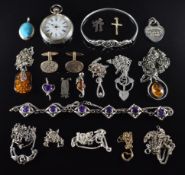 A 9ct gold chain and pendant (1g), silver bangle, silver pendants, silver cufflinks, silver