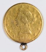 1880 gold Liberty dollar, with mount loop, 15.6g