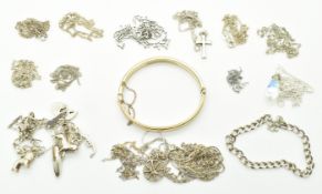A collection of silver jewellery including charm bracelet, curb link bracelet, eleven silver chains,