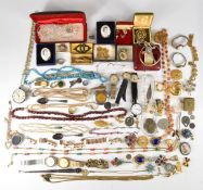 A collection of jewellery including necklaces, two silver pocket watches, Waltham gold plated watch,