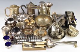 Large quantity of silver plated ware including teaware, epergne, photo frame, nurses belts, cutlery,