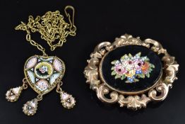 A c1900 brooch / clip set with a micro mosaic plaque depicting flowers and a micro mosaic necklace