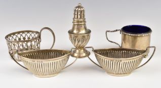 Pair of George V hallmarked silver boat shaped salts, Birmingham 1912, maker H J Cooper & Co Ltd,