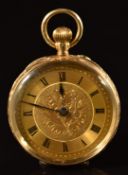 Unnamed 9ct gold keyless winding open faced pocket watch with blued hands, black Roman numerals,