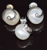 A 14k white gold pendant set with a pearl and cubic zirconia, with matching earrings, 7.7g