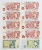Nine J S Fforde new uncirculated ten shilling notes including a consecutive trio, together with