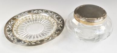 Two American silver mounted glass items comprising dressing table pot marked Lunt sterling and