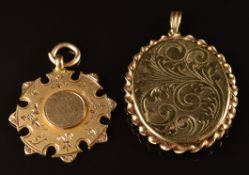 A 9ct gold locket with engraved decoration and a 9ct gold fob, Birmingham 1911, 12g